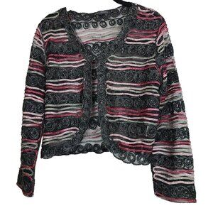 VTG Y2K Compliments Womens Crop Cardigan Medium Black Metallic Embroidered Sheer